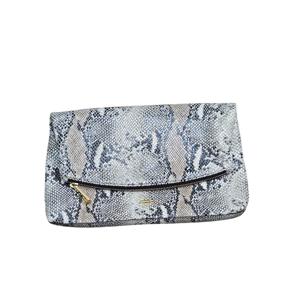 Hayden-Harnett Grey Snakeskin Embossed Foldover Clutch Bag Gold Hardware